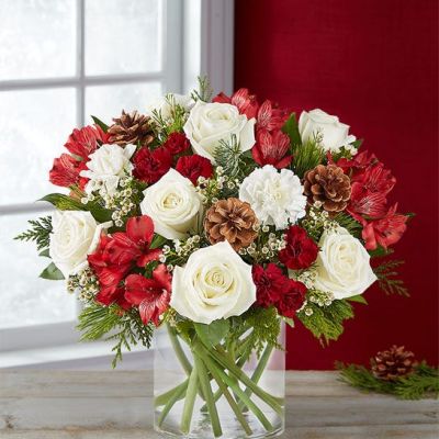 If they love getting into the spirit of the season, our joyful arrangement is the best kind of surprise. This unique, asymmetrical design brings together rich red and creamy white blooms with fragrant evergreens and pinecones. Designed in a classic glass cylinder vase, it’s a gift that captures the warmth of the holidays in every last detail.