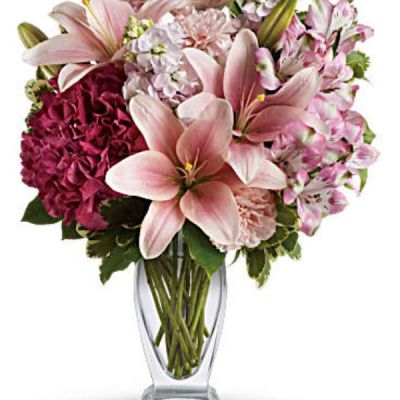 <div class="m-pdp-tabs-description">
<div id="mark-1" class="m-pdp-tabs-marketing-description">Celebrate your love with this beautifully blushing bouquet! Luxurious lilies, delicate hydrangea and fragrant stock delight her senses, soothe her soul, and tickle their fancy. It's a loving gift they won't soon forget!</div>
</div>
<p id="arrngDescp">Includes pink hydrangea, asiatic lilies, alstroemeria, carnations and stock, accented with fresh greens.</p>